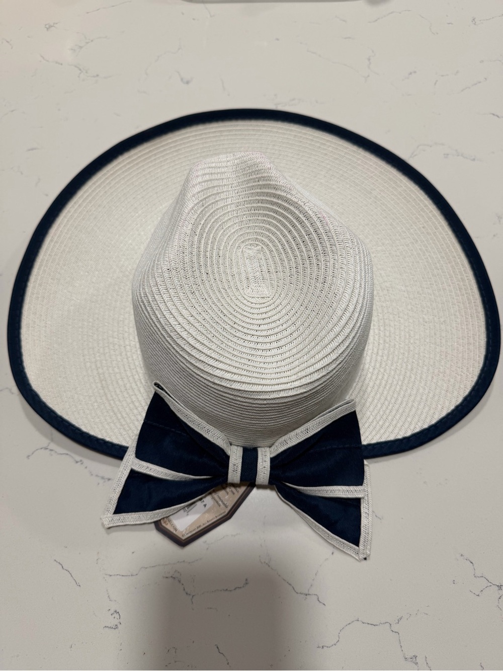 Wide Brim White Straw Hat with Navy Bow - Women’s Sun Hat